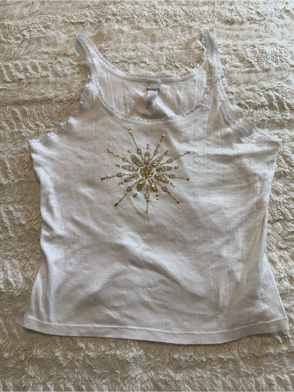 Vintage Y2K XL Route White Celestial Sequin Lace Trim Ribbed Tank Top Cotton